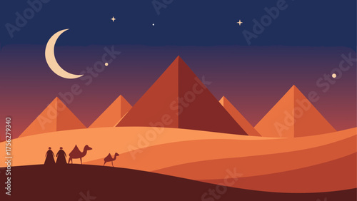 Pyramids and camels in the desert night on transparent background