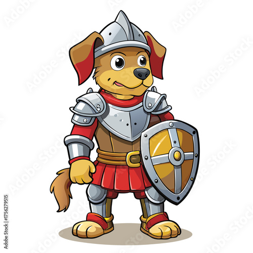 A brave dog knight dressed in armor and carrying a shield with a strong heroic stance.