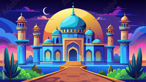 Cartoon illustration of a blue mosque on transparent background