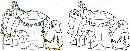 Cute Cartoon Penguins Decorating Igloo with Christmas Garlands - Black and White Outline for Coloring Book