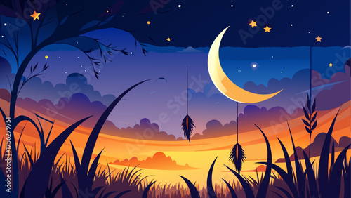 Illustration of a crescent moon and stars on transparent background