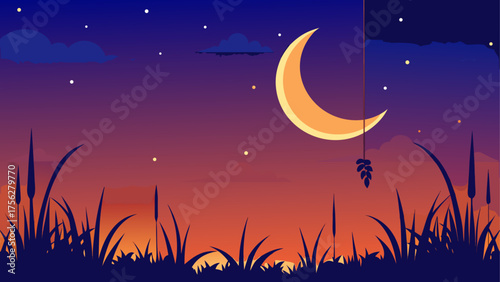 Crescent moon night with grass silhouette on transparent background
