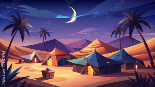 Desert camp with tents and palm trees night on transparent background