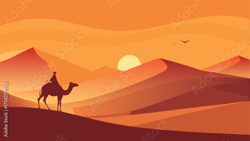 Camel rider across desert landscape view on transparent background