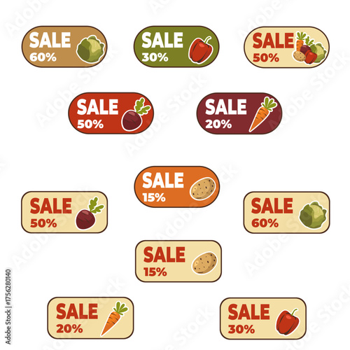 Set of colorful sale stickers featuring fresh vegetables like carrots, peppers, potatoes, beets, and cabbage. Includes various discount percentages — perfect for grocery or organic market promotions.