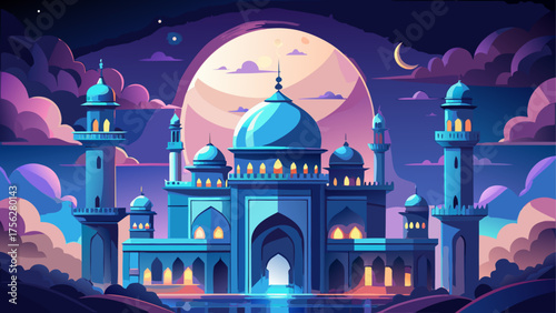 Cartoon mosque at night with a bright moon on transparent background