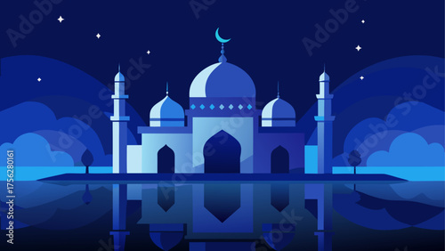 Blue mosque with crescent moon at night on transparent background