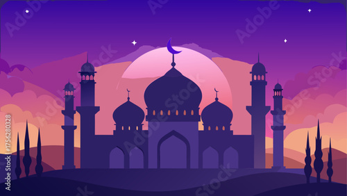 Silhouette of mosque at dusk landscape art on transparent background