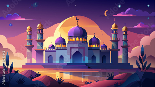 Illustration of a mosque at sunset time on transparent background