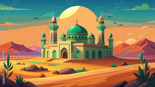 Islamic mosque in desert landscape view on transparent background
