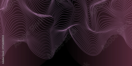Neowave Line Background. Futuristic Abstract Concept. Neon Wave Abstract Background – Fluid Lines on Dark Gradient. Magenta, Green, Yellow twisting lines on black background.