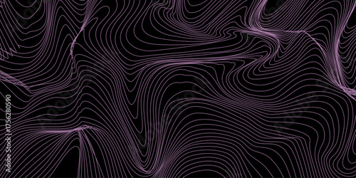 Neowave Line Background. Futuristic Abstract Concept. Neon Wave Abstract Background – Fluid Lines on Dark Gradient. Magenta, Green, Yellow twisting lines on black background.