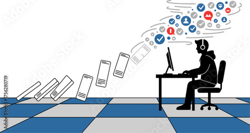 A person struggles with the overwhelming pressure of social media and technology, experiencing feelings of depression and stress in a modern work environment.