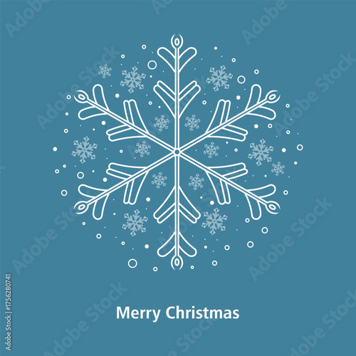Large snowflake central design with merry christmas typography, winter blue vector card.