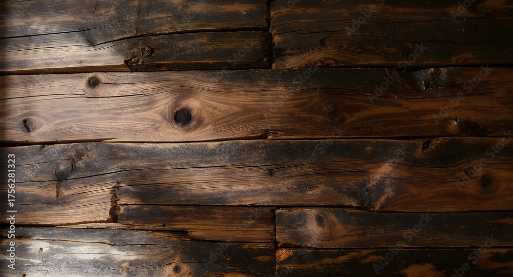 Obraz premium Rustic charm of dark, aged wood paneling for warm, inviting interiors, perfect for background textures and design projects