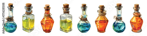 Magical elixir potion bottles Halloween witchcraft watercolor set isolated on transparent background