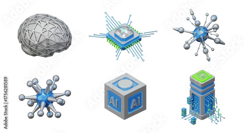 A collection of 3D isometric icons representing artificial intelligence, data processing, neural networks, and technological concepts, suitable for AI, machine learning, and big data applications