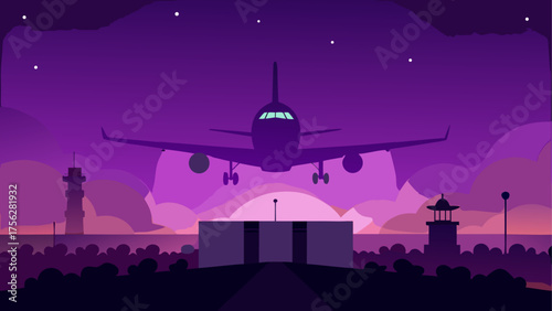 Airplane landing at night purple scenery on transparent background