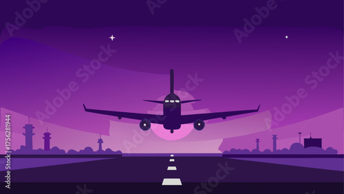 Airplane landing on runway at night scene on transparent background