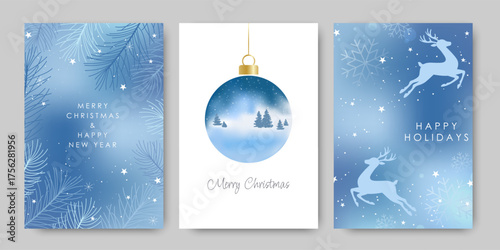 Merry Christmas and New Year greeting card, blue gradient with a Christmas tree bauble, fir branches, snowflakes, and deer. Suitable for Christmas greetings, invitations, advertising, and promotions.