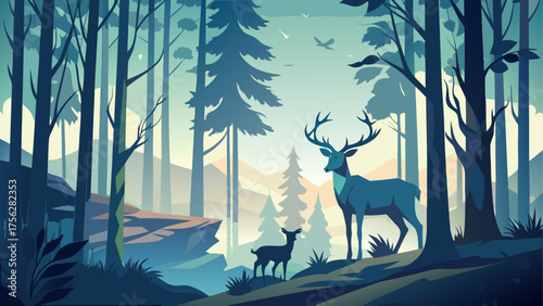 Deer and fawn in a stylized forest scene
