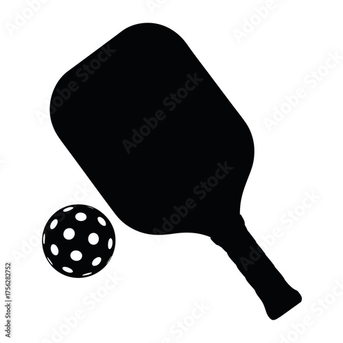 Black silhouette of a pickleball paddle and ball on a white background