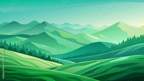 Green landscape with rolling hills and trees
