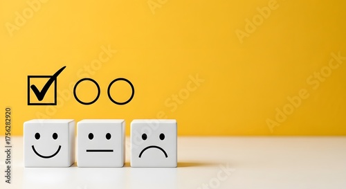 Customer satisfaction survey with happy neutral and sad faces on blocks