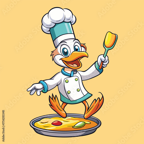 A lively duck chef tossing an omelet high in the air while cooking confidently in a warm kitchen.