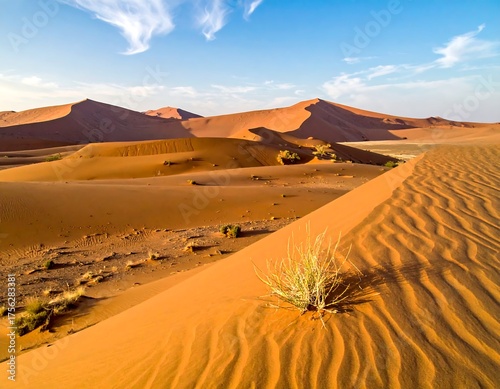 Fototapeta Naklejka Na Ścianę i Meble -  Panoramic shot of rolling sand dunes under a brilliant blue sky