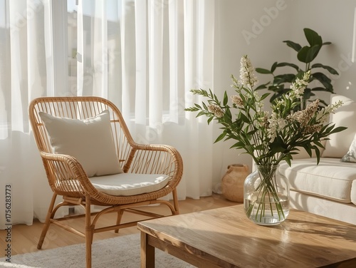 Scandinavian Living Room with Wicker Armchair and Rustic Coffee Table in Warm Natural Light 