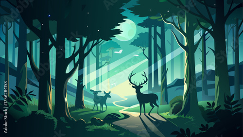 Deer standing in a forest with moonlight