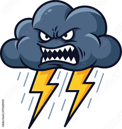 Angry cloud illustration with lightning bolts and rain, representing a storm and bad weather