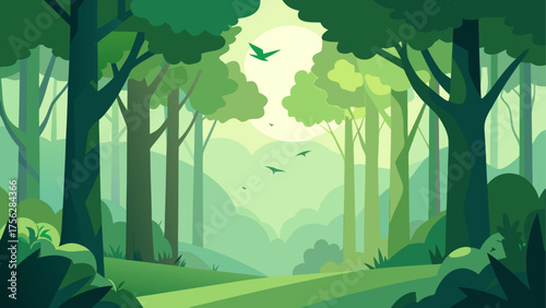 Illustration of a green forest with birds