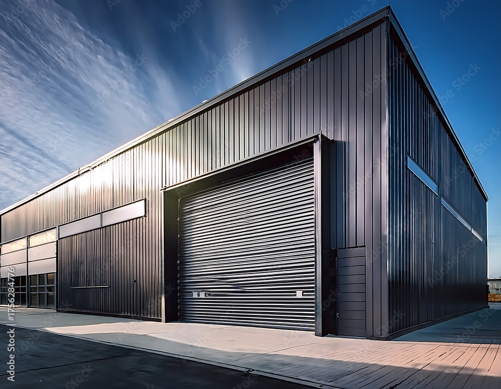 Obraz premium Minimalism in Industry A modern warehouse featuring a smooth, corrugated metal exterior