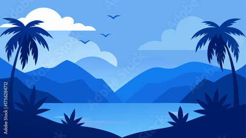 Blue landscape with palms and mountains