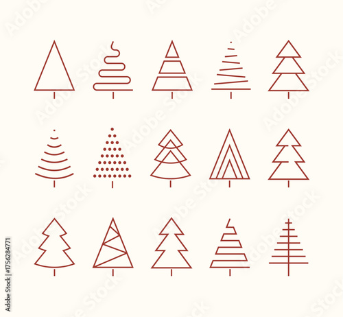 set of minimalistic green christmas tree line flat icon element, abstract geometric winter pattern, icons editable stroke, trees symbol for new year, Christmas design cards, poster, banner vector Xmas