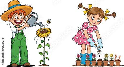 Children gardening cartoon, watering flowers, planting seeds, nature activity, educational illustration, outdoor play, sunflower and pots, cheerful garden scene