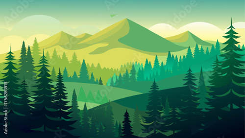 Landscape of mountains and forest trees