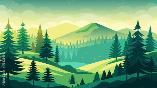 Landscape with green hills and pine trees