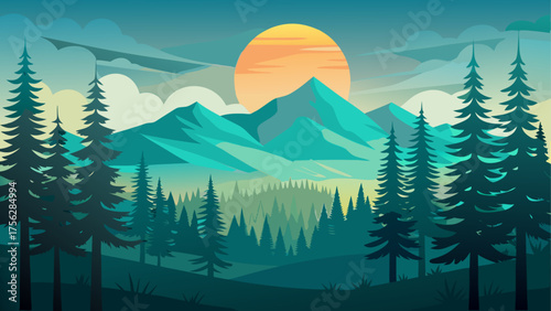 Illustration of mountains and pine trees