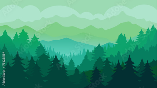 A green forest with mountains in the back