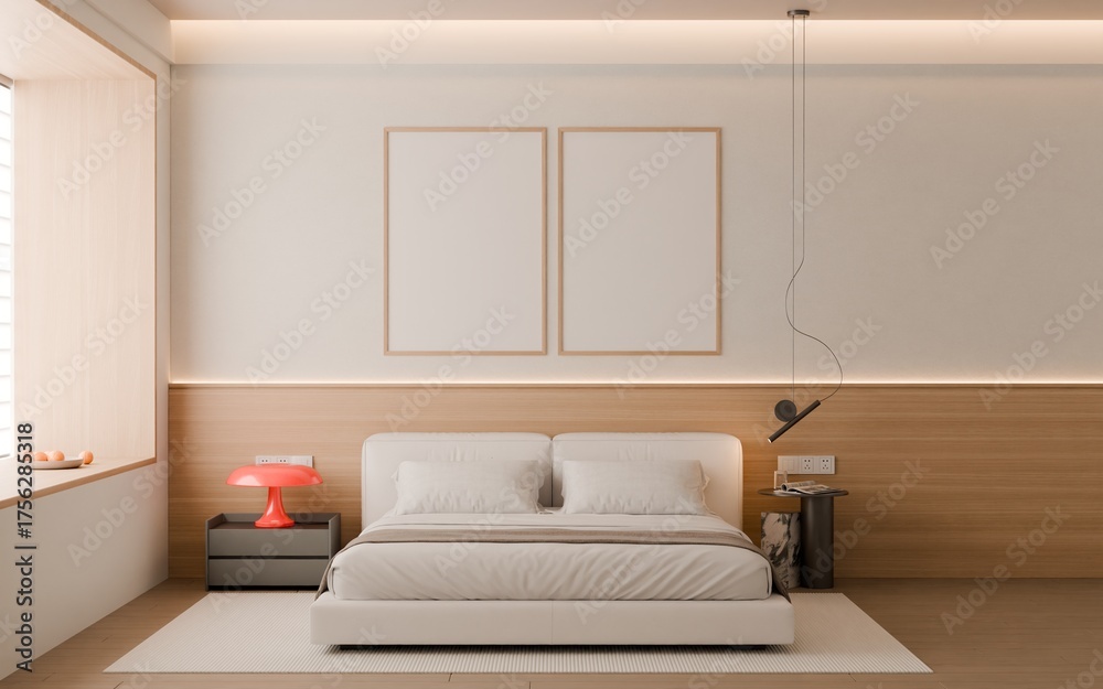 Fototapeta premium Modern Minimalist Bedroom Interior with Frame Poster Mockup - 3d Render 