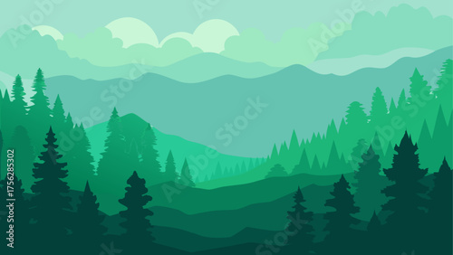 Green forest landscape with distant hills