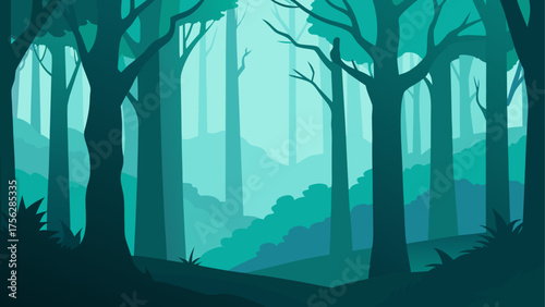 Illustration of a dark and misty forest