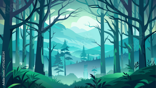 A serene forest with distant mountains