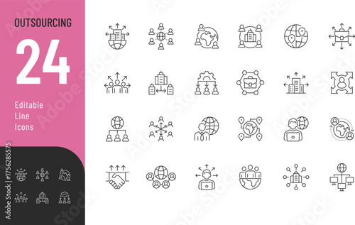 Outsourcing Line Editable Icons set. Vector illustration in modern thin style of business related icons: company, team, global outsource, and more. Isolated on transparent background.
