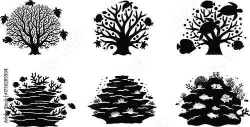 Coral reef silhouette set, underwater ecosystem, sea turtles and fish, marine life illustration, black and white art, ocean nature