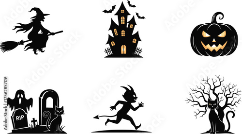 Halloween icon set, spooky cartoon illustrations, vampire, witch, ghost, haunted house, jack-o'-lantern, devil, bat, creepy tree