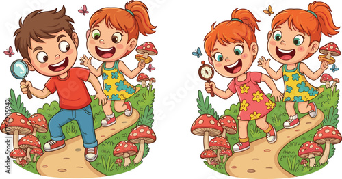 Spot the difference, cartoon forest scene, children exploring nature, mushrooms and butterflies, outdoor play, colorful illustration, joyful activity, educational puzzle